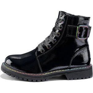 🆕Girls Ankle Boots Patent-Black Glitter Combat Zipper Lace Up Dress Boots